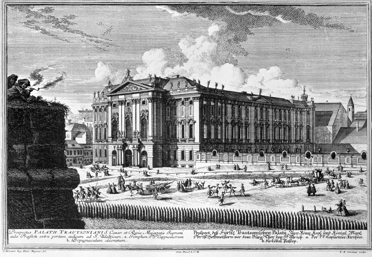 Näkymä kreivi Johann Leopold Donat Trautsonille rakennetusta Trautsonin palatsista, Johann Bernard Fischer von Erlachin (1656-1723) vuonna 1710 suunnittelema, Johann-August Corvinuksen (1683-1738) kaiverrus tekijältä Salomon Kleiner
