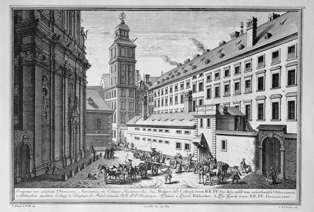 Näkymä Wienin jesuiittaopiston uudesta observatoriosta, jossa näkyy myös Johann-August Corvinuksen (1683-1738) kaivertama kirjasto ja Pyhän Maria Rotundan kirkko tekijältä Salomon Kleiner