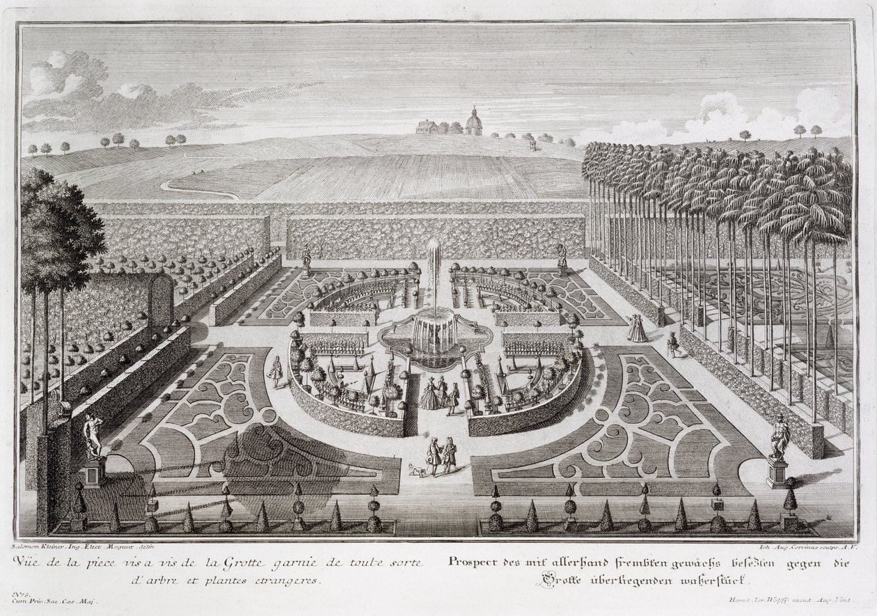 Näkymä luolan vieressä olevasta topiary-puutarhasta, Geibach, kaiverrus Johann August Corvinus (1683-1738), julkaistu 1728 tekijältä Salomon Kleiner