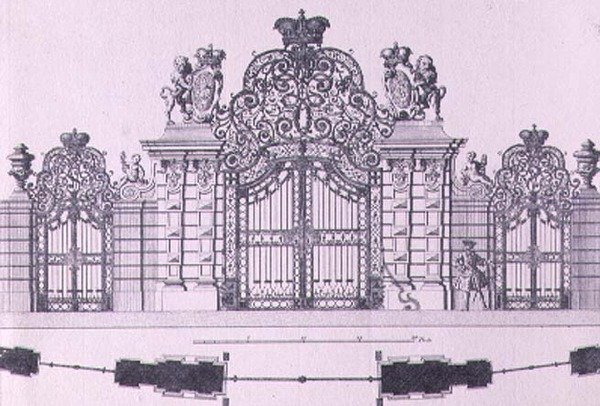 Schloss Belvederen sisäänkäyntiporttien suunnitelma ja korkeus Wienissä on todennäköisesti Johann George Oeggin suunnittelema n. 1725, kaiverrus Johann August Corvinus (1683-1738) tekijältä Salomon after Kleiner