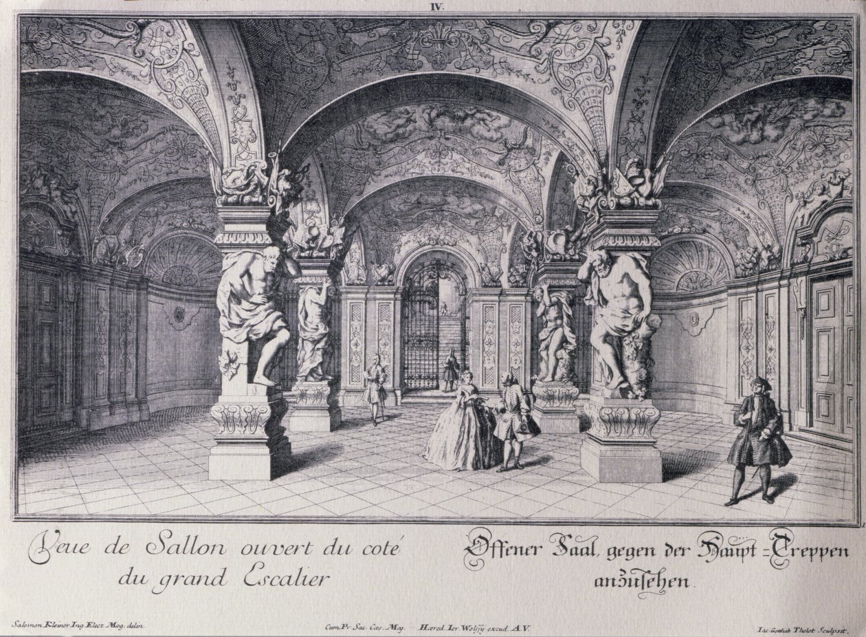 Wienin ylemmän Belvederen sali (Sala Terrena) aloitti vuonna 1721 Johann Lukas von Hildebrandt, kaivertanut Thelot tekijältä Salomon after Kleiner