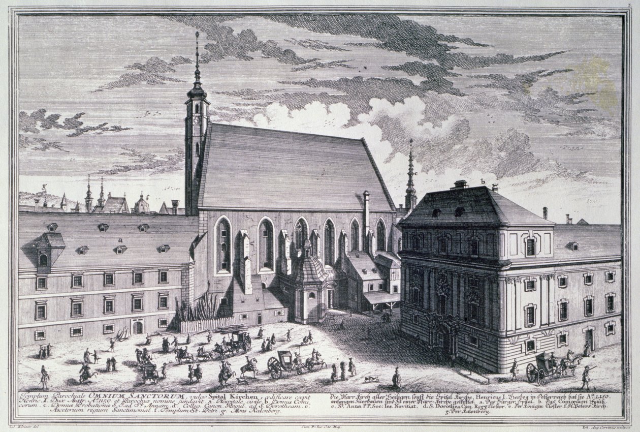 Johann-August Corvinuksen (1683-1738) kaivertama näkymä All Saints -kirkolle, Wien tekijältä Salomon after Kleiner