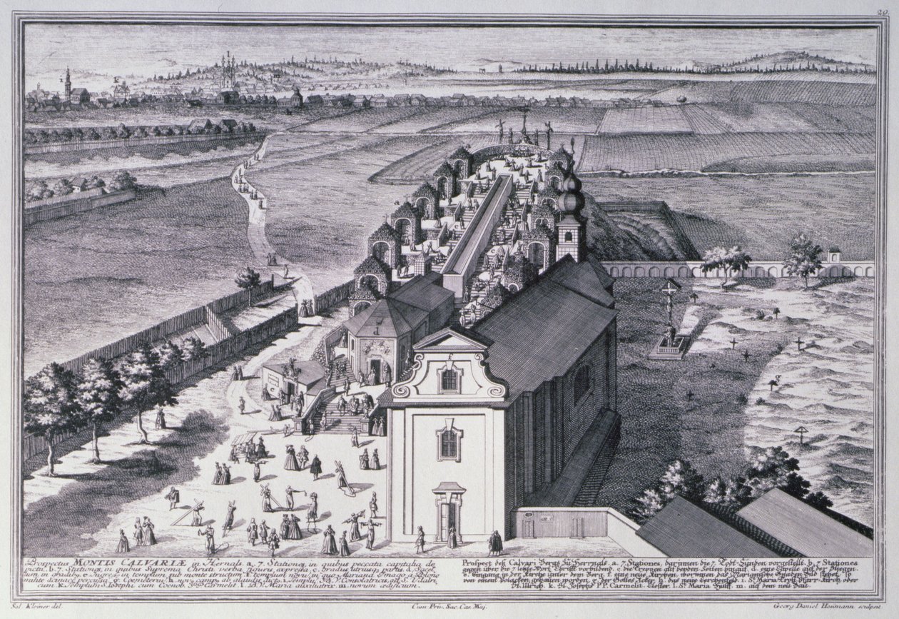 Georg-Daniel Heumannin (1691-1759) kaivertama näkymä Golgatan kukkulalle Wienin lähellä tekijältä Salomon after Kleiner