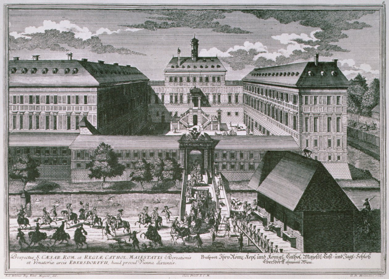 Georg-Daniel Heumannin (1691-1759) kaivertama näkymä Schloss Ebersdorffille Wienin lähellä tekijältä Salomon after Kleiner