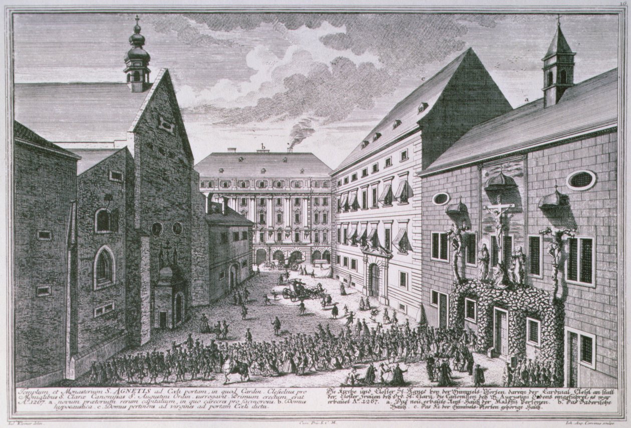 Näkymä Pyhän Agnesin kirkolle, Wien, Johann-August Corvinuksen (1683-1738) kaiverrus tekijältä Salomon after Kleiner