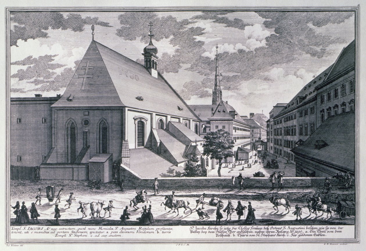 Näkymä Pyhän Jaakobin kirkolle, Wien, kaiverrus Georg-Daniel Heumann (1691-1759) tekijältä Salomon after Kleiner