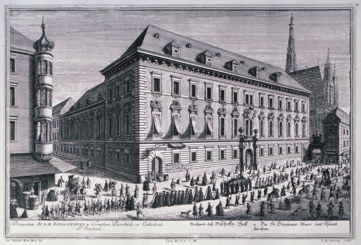 Näkymä hautajaiskulkueesta, jonka taustalla on Johann-August Corvinuksen (1683-1738) kaiverrus Pyhän Tapanin katedraali tekijältä Salomon after Kleiner