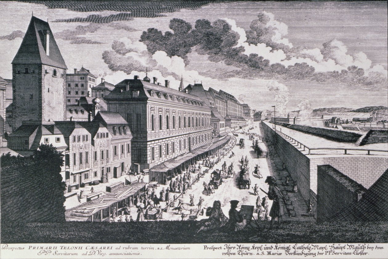 Johann-August Corvinuksen (1683-1738) kaivertama näkymä Wienin kadulle tekijältä Salomon after Kleiner