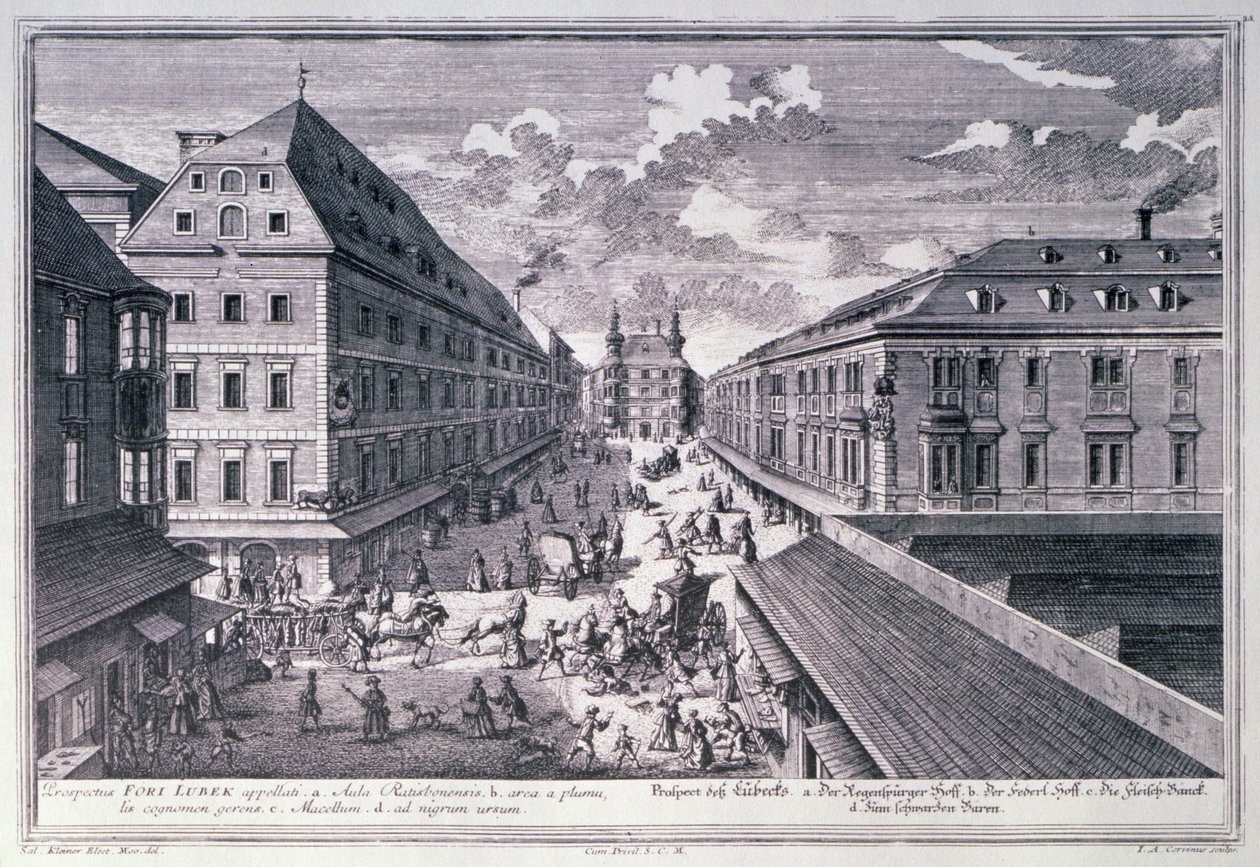 Näkymä Fori Lubekin kaiverruksesta Johann-August Corvinus (1683-1738) tekijältä Salomon after Kleiner