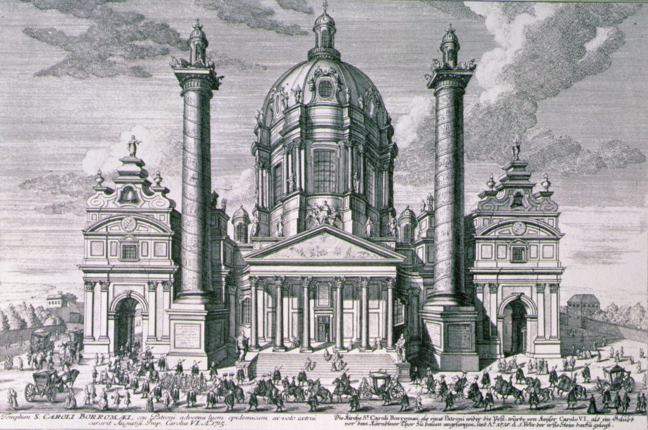 Hieronymous Sperlingin (1695-1777) kaivertama näkymä Karlskirchelle, Wien tekijältä Salomon after Kleiner