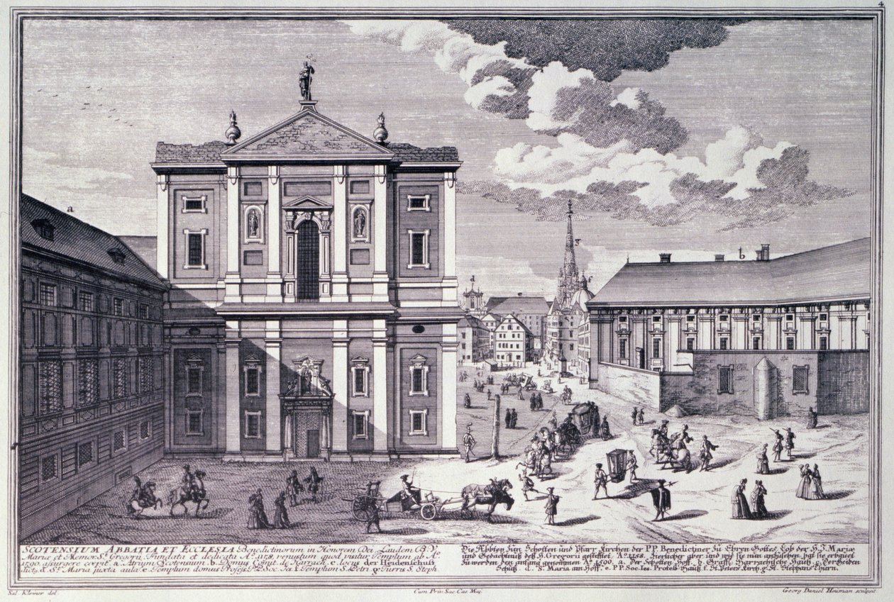 George-Daniel Heumannin (1692-1759) kaivertama näkymä Schottenkirchelle (Skotlannin kirkko) tekijältä Salomon after Kleiner