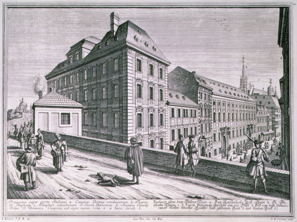 Näkymä Wienin Pyhän Tapanin katedraalia ympäröivälle alueelle, kaiverrus Johann-August Corvinus (1683-1738) tekijältä Salomon after Kleiner