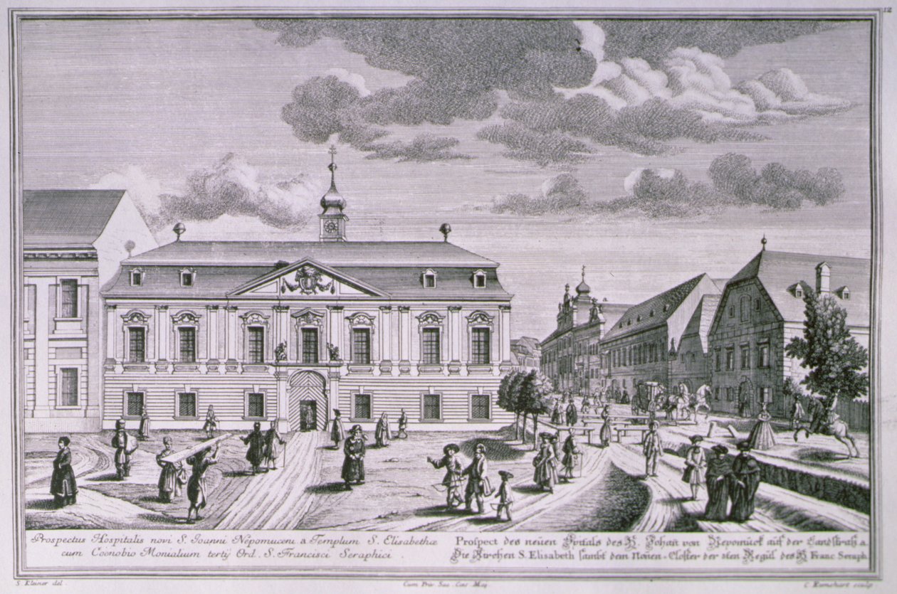 Näkymä St. John Nepomukin uudesta sairaalasta Wienissä, kaiverrettu Karl Remshard (1678-1735) tekijältä Salomon after Kleiner