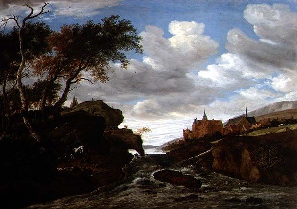 Kalliomainen maisema ja vesiputous, 1665 tekijältä Salomon van Ruisdael or Ruysdael