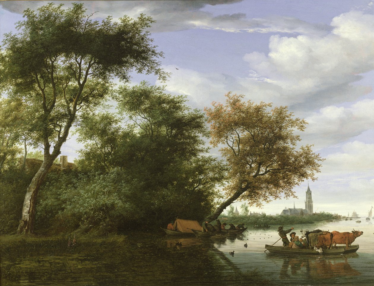 Metsäinen jokimaisema hahmoilla ja karjalla lautalla tekijältä Salomon van Ruisdael or Ruysdael