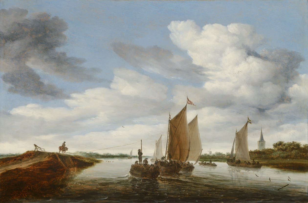 Joen maisema purjeveneillä ja hevosvetoisella proomulla tekijältä Salomon van Ruisdael or Ruysdael