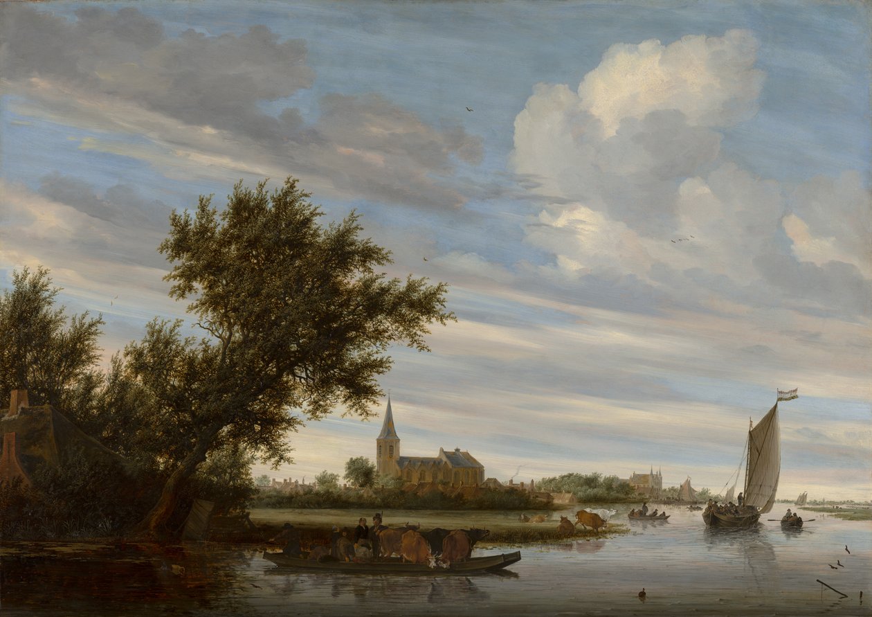 Näkymä joelle kirkon ja lautan kanssa tekijältä Salomon van Ruisdael or Ruysdael