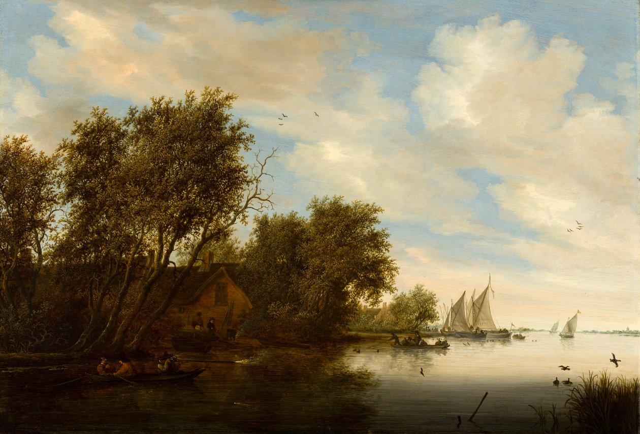 Jokinäkymä sorsanmetsästäjän kanssa tekijältä Salomon van Ruisdael or Ruysdael