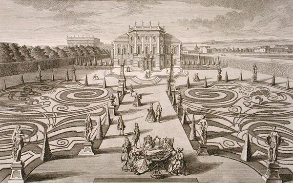 Itävaltalainen talo ja puutarha, kaivertaja Johann August Corvinus (1683-1738), julkaistu noin 1730-40 (kaiverrus). tekijältä Salomon (after) Kleiner