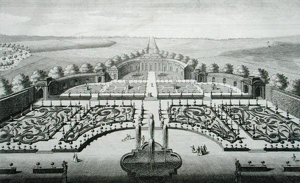 Näkymä Geibachin appelsiinitalosta, kaiverrus Johann Georg Pintz (1697-1767/8) tekijältä Salomon (after) Kleiner