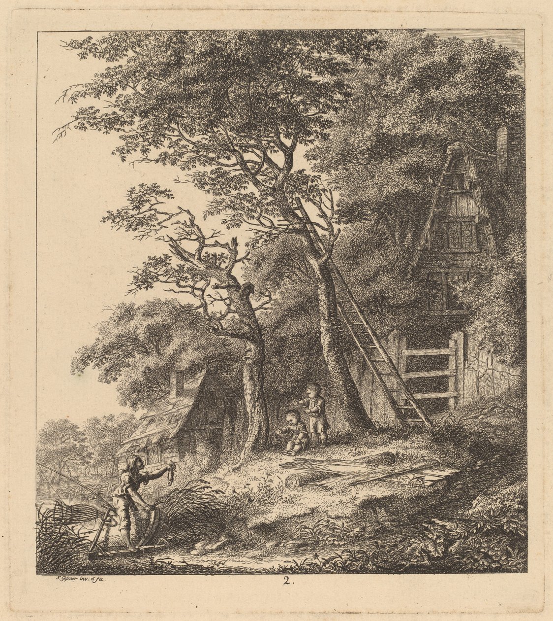 Kalastaja ja kaksi lasta maisemassa olkikattoisten mökkien kanssa, 1764. tekijältä Salomon Gessner