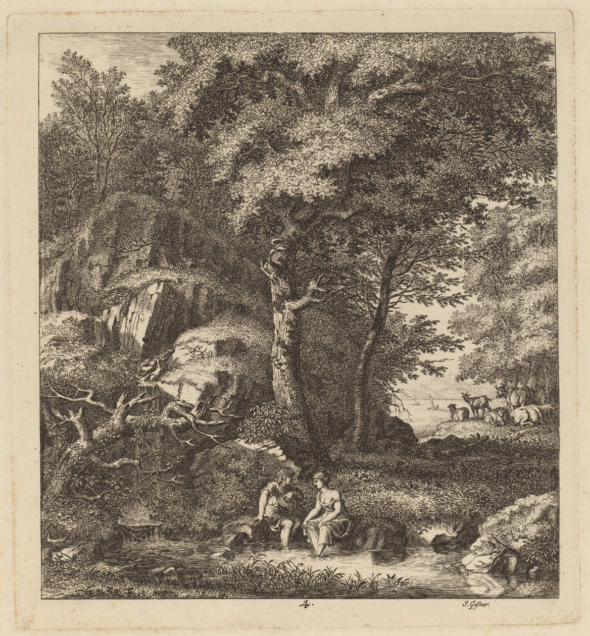 Paimen ja nuori nainen jaloillaan purossa, 1764. tekijältä Salomon Gessner