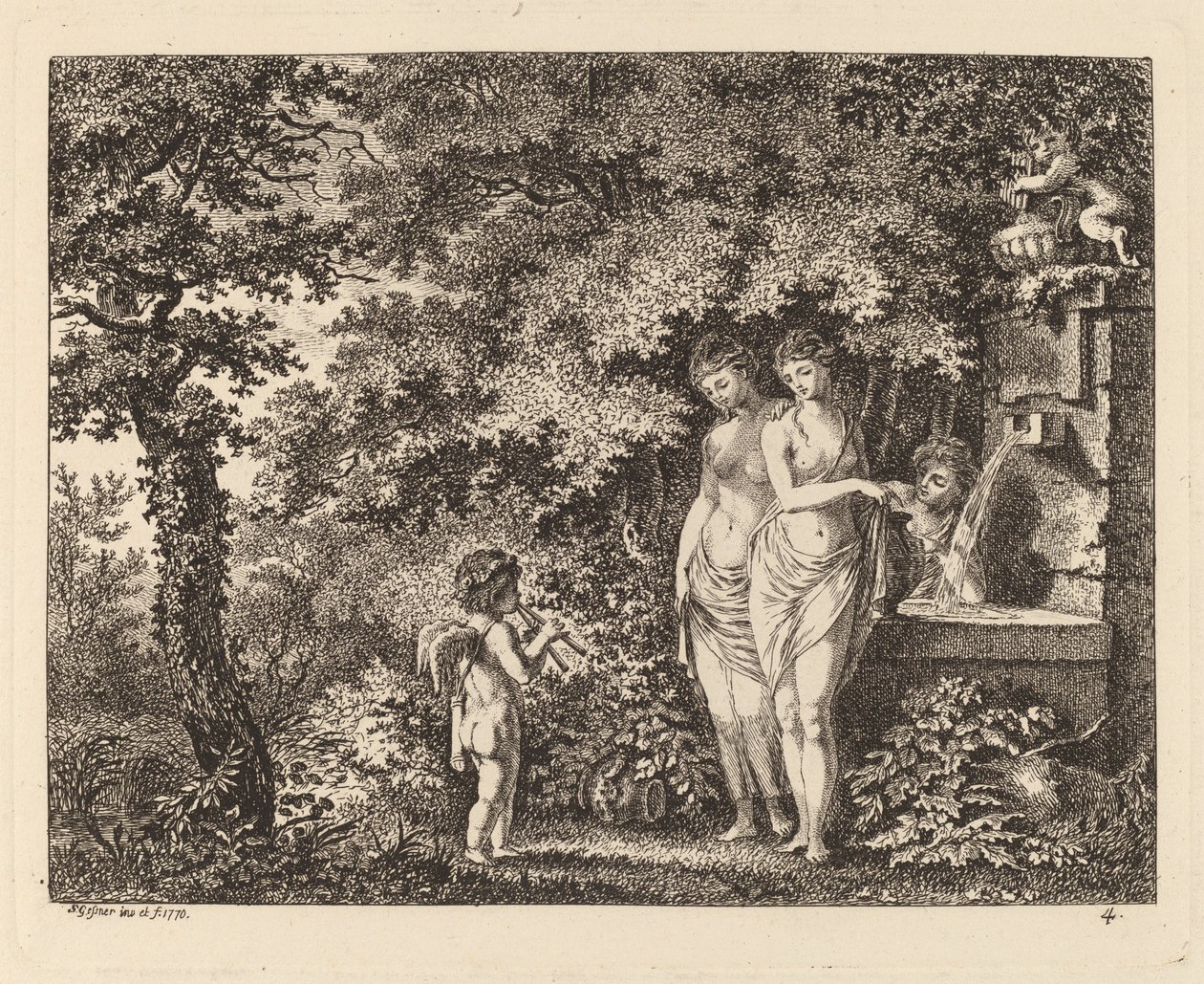 Eros kolmen tytön kanssa suihkulähteellä, 1770. tekijältä Salomon Gessner