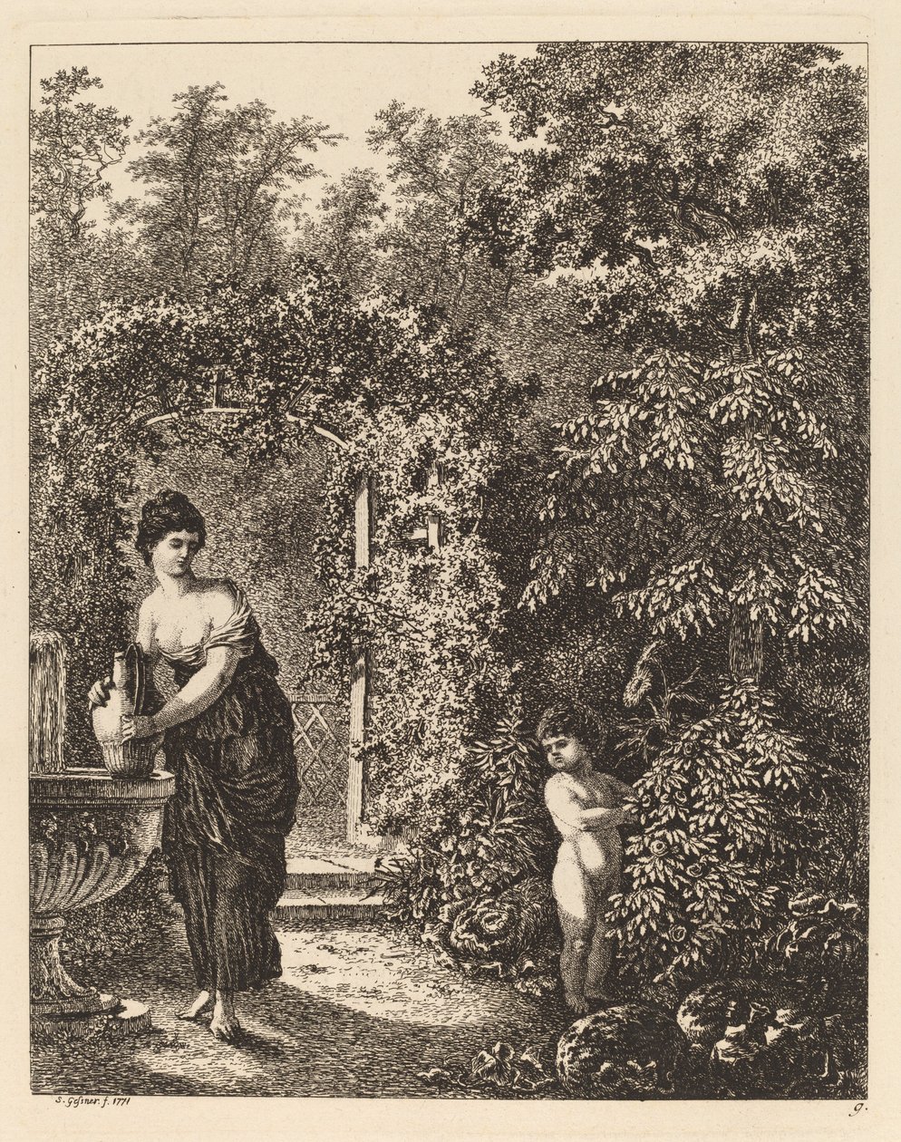 Putto vierailee tytön luona suihkulähteellä, 1771. tekijältä Salomon Gessner
