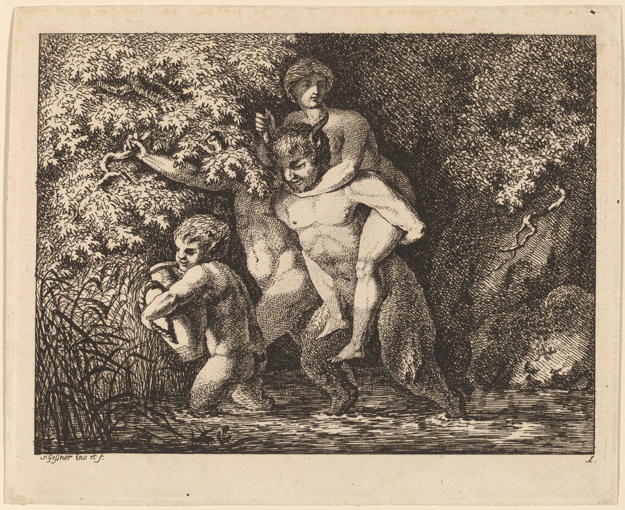 Satyr kantaa nymfiä tekijältä Salomon Gessner