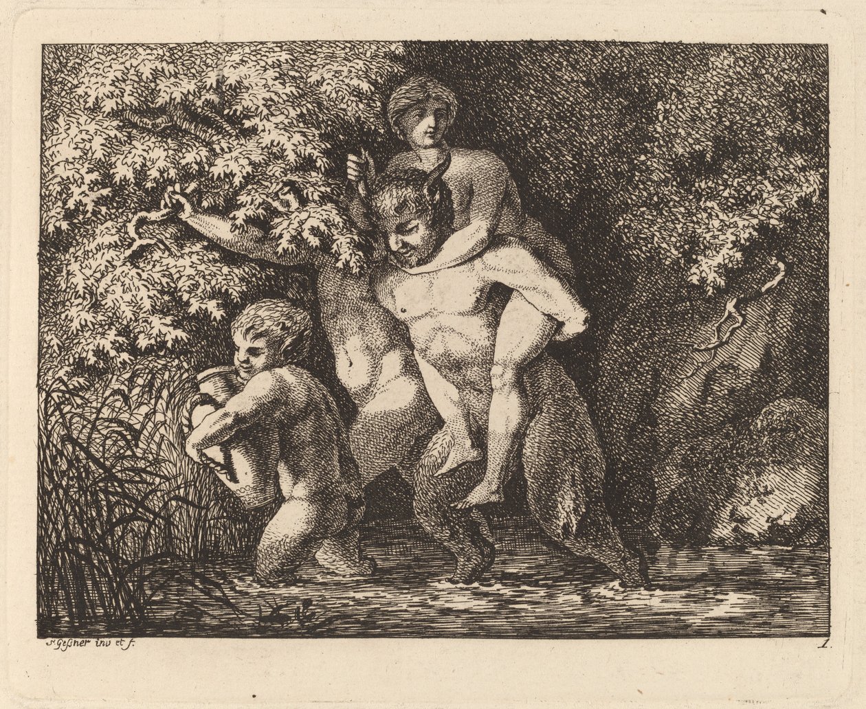 Satyr kantaa nymfiä selässään, 176971. tekijältä Salomon Gessner