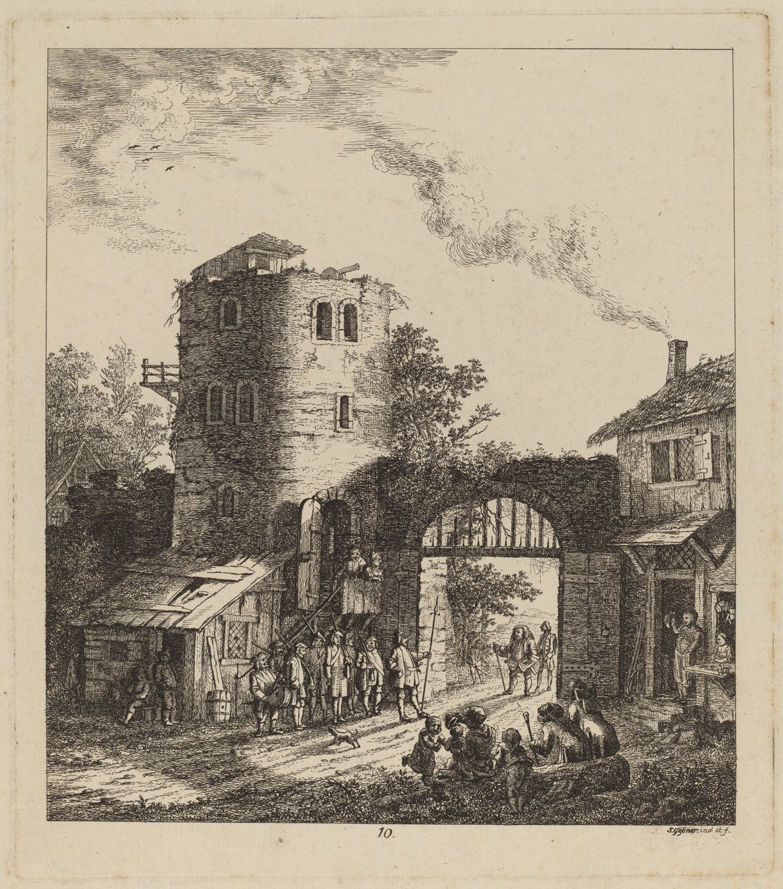 Kyläläiset kaupungin portilla tervehtimässä arvohenkilöä, 1764. tekijältä Salomon Gessner