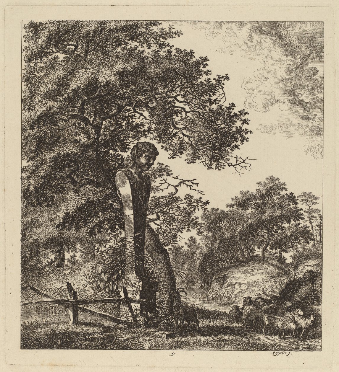 Metsäinen maisema vuohilauma ja herm, 1764. tekijältä Salomon Gessner