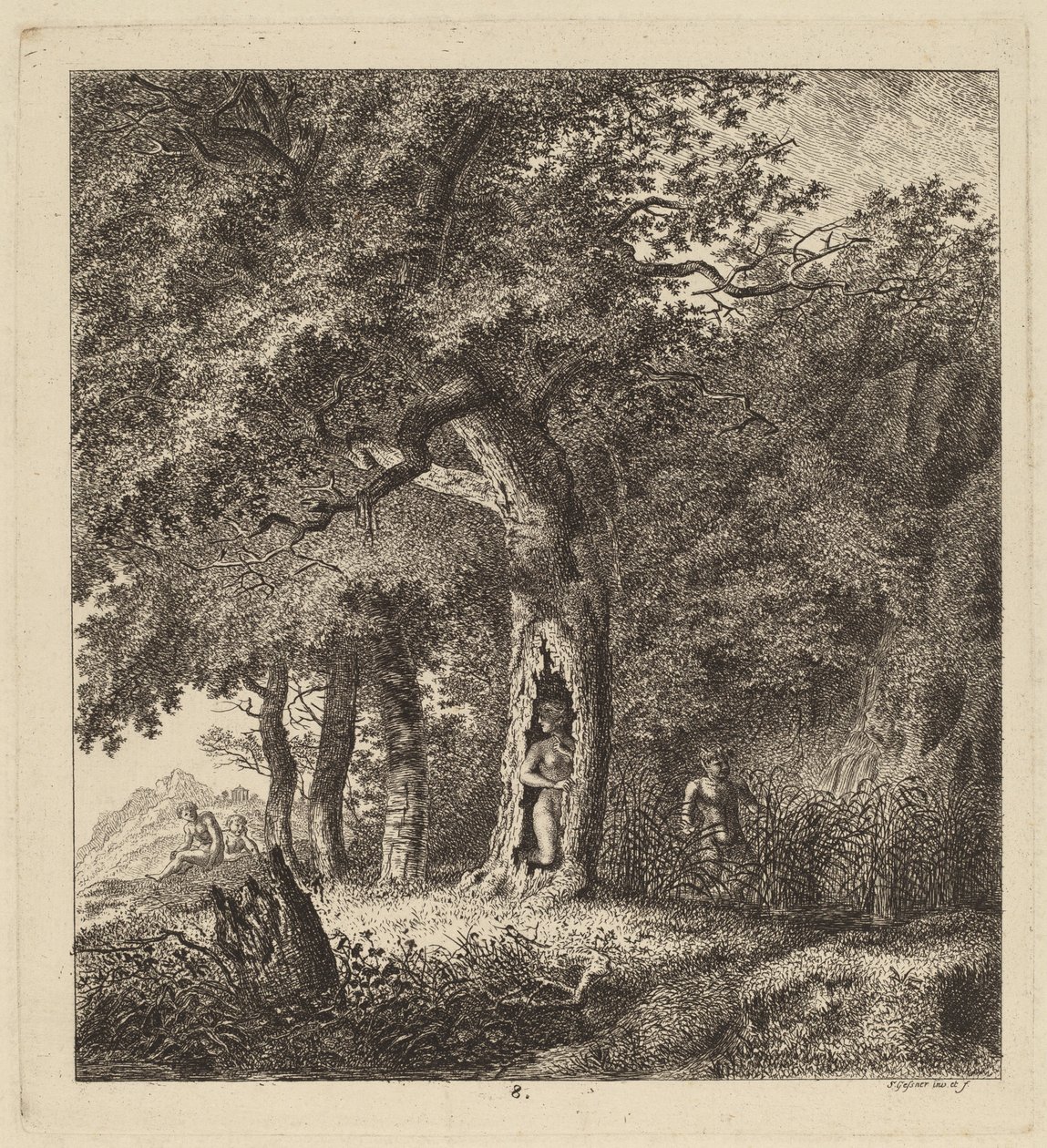 Metsäinen maisema nymfin ja satyyrin kanssa, 1764. tekijältä Salomon Gessner
