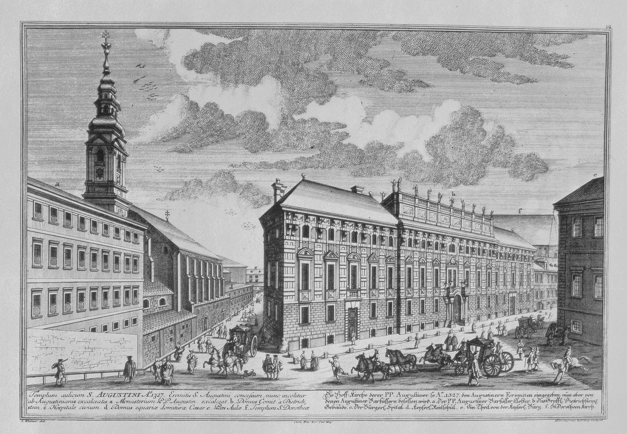 Näkymä Dorotheergassesta, jossa näkyy Stallburg ja Dorotheumin luostarikirkko, jonka on kaivertanut Hieronymous Sperling (1695-1777) tekijältä Salomon Kleiner