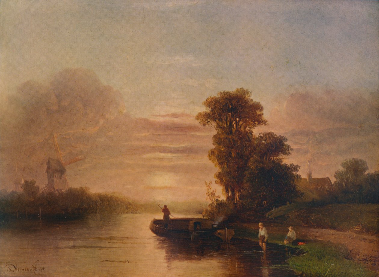 Auringonlasku joella, tuulimylly ja mökki, 1848, 1938 tekijältä Salomon Leonardus Verveer