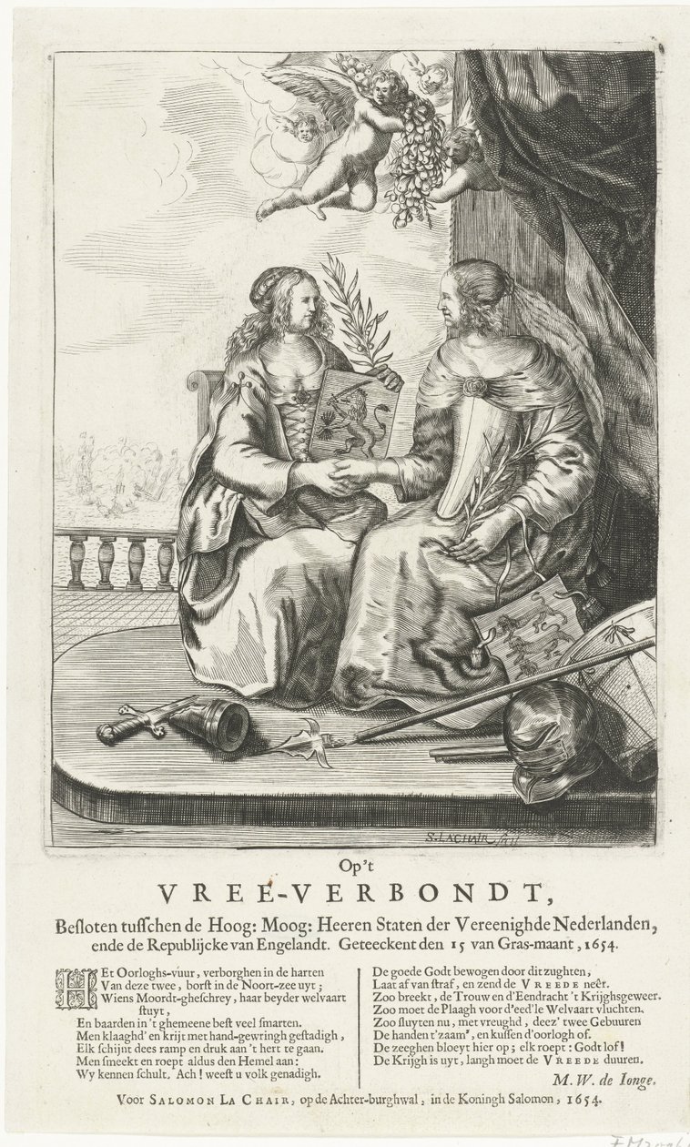 Lause Westminsterin rauhaan, 1654 Vree-Verbondtilla, suljettuna korkean välissä: Moog: Heeren Staten der Vereenighde Nederland, ende Republikcke van Englandt. Geteeckent den 15 van Gras-maant, 1654 (otsikko esineessä) tekijältä Salomon Pietersz. Lachair
