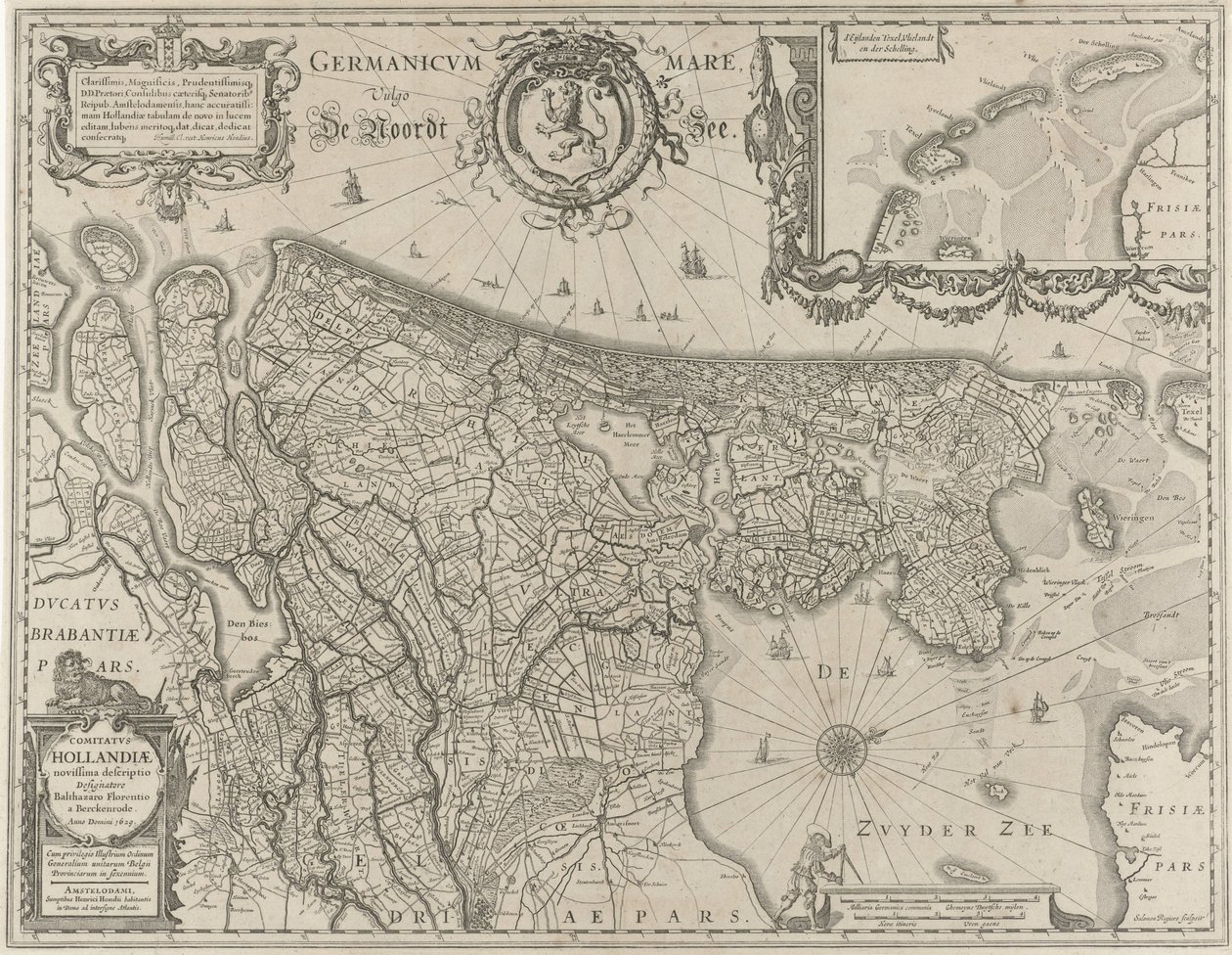 Hollannin topografinen kartta Comitatus Hollandiae (otsikko esineessä) tekijältä Salomon Rogiers
