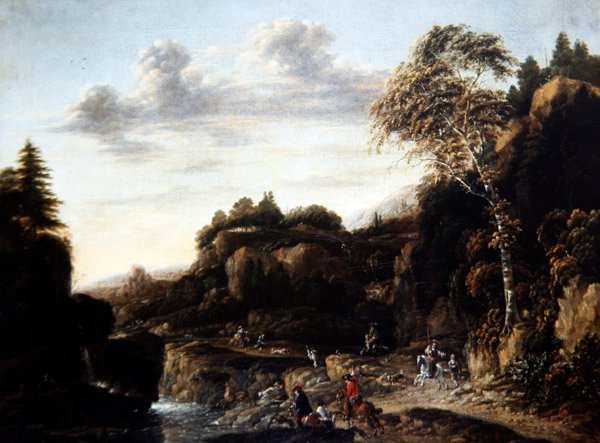 Metsäinen maisema ja polttarit metsästää joen rannalla, n. 1690 (öljy kankaalle) tekijältä Salomon Rombouts