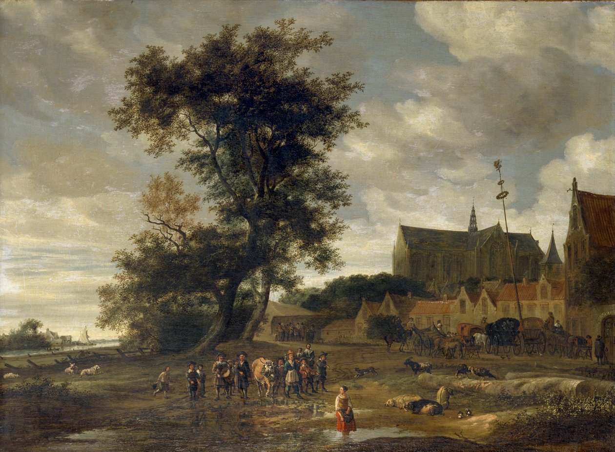 Kohtaus ennen toukokuuta, taustalla Alkmaarin kirkko, 1669 tekijältä Salomon Ruysdael
