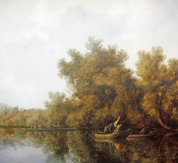 Jokimaisema, jossa kalastajat soutuveneissä nostavat saalista (öljy paneelissa) tekijältä Salomon van Ruisdael or Ruysdael