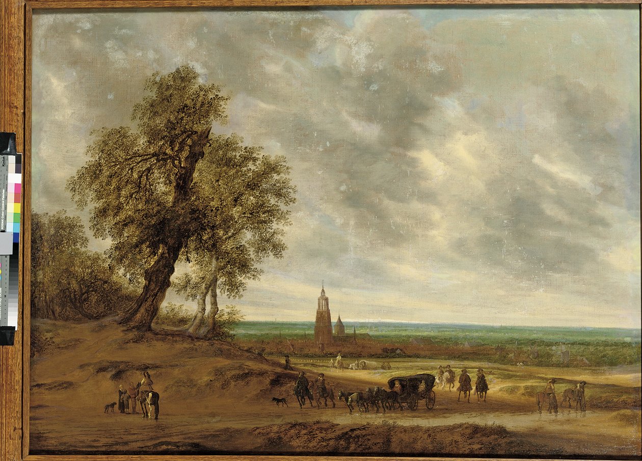 Panoraamamaisema matkailijoiden polulla, Amersfoortin kaupunki takana, 1634 tekijältä Salomon van Ruisdael or Ruysdael