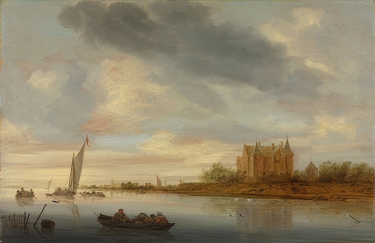 Linna joen rannalla. 1644 tekijältä Salomon van Ruisdael or Ruysdael