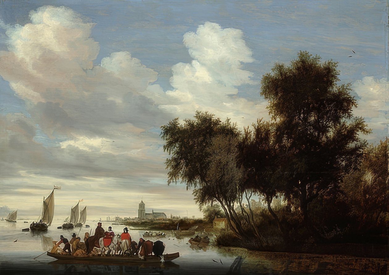 Jokimaisema lautalla. 1649 tekijältä Salomon van Ruisdael or Ruysdael
