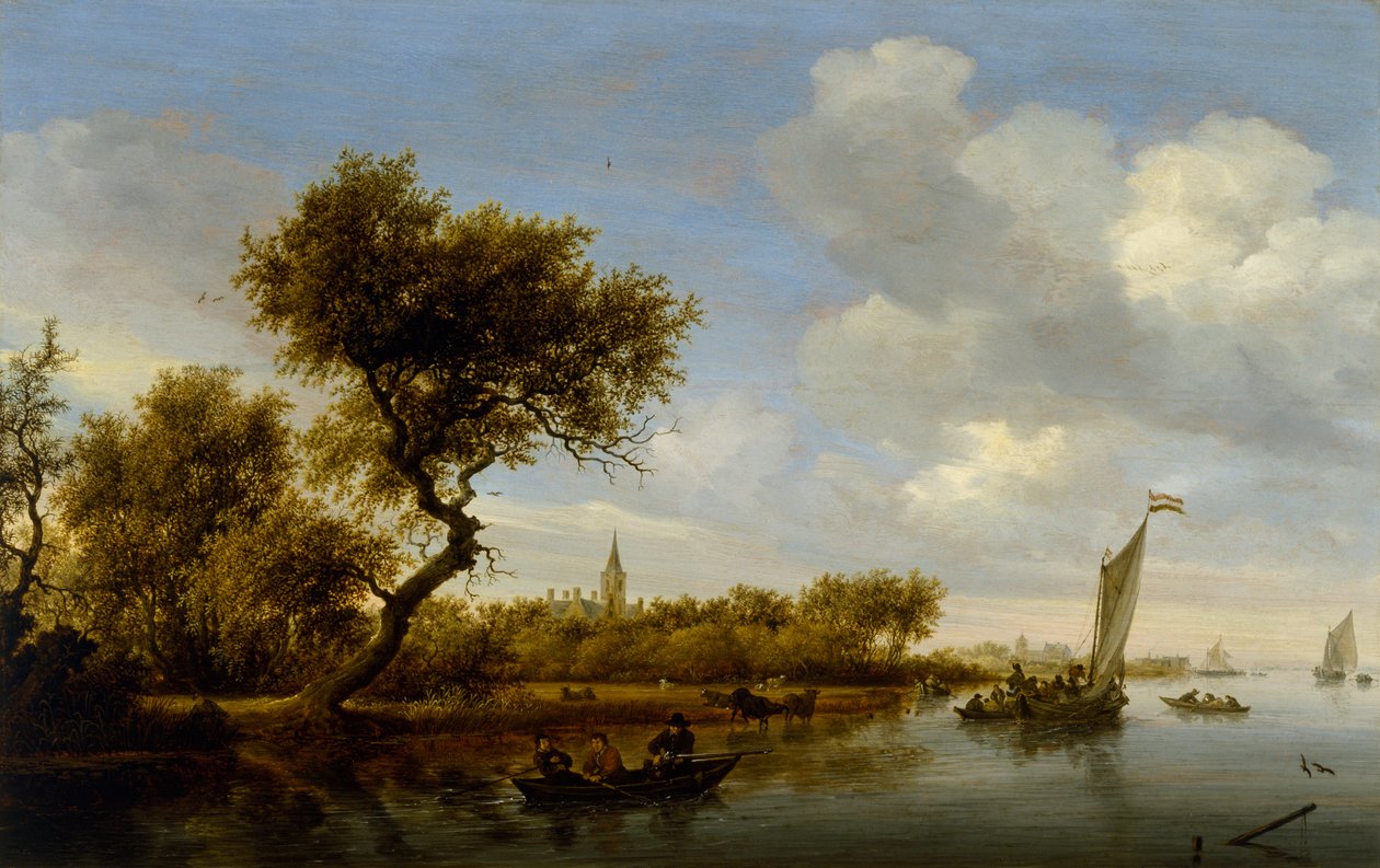 Jokimaisema ja kirkko kaukana, n. 1655-1660 (öljy puulle) tekijältä Salomon van Ruisdael or Ruysdael