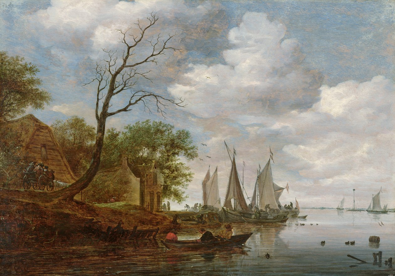River Scene purjeveneitä purkamassa rannalla (öljy paneelissa) tekijältä Salomon van Ruisdael or Ruysdael