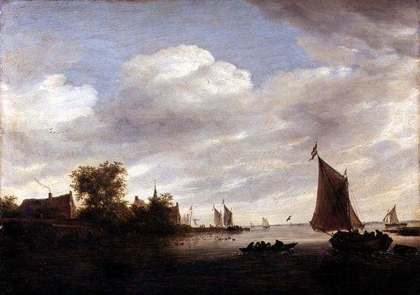 Joen suisto purjelaivoineen (öljy paneelissa) tekijältä Salomon van Ruisdael or Ruysdael