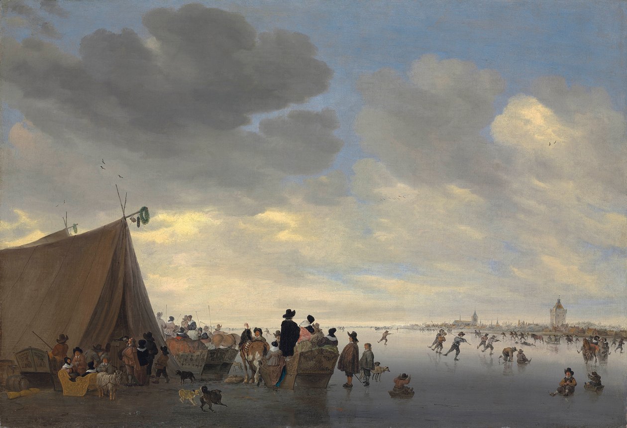 Luistelijat Lek-joella, Viasen kaupunki tuolla takana, 1653 tekijältä Salomon van Ruisdael or Ruysdael