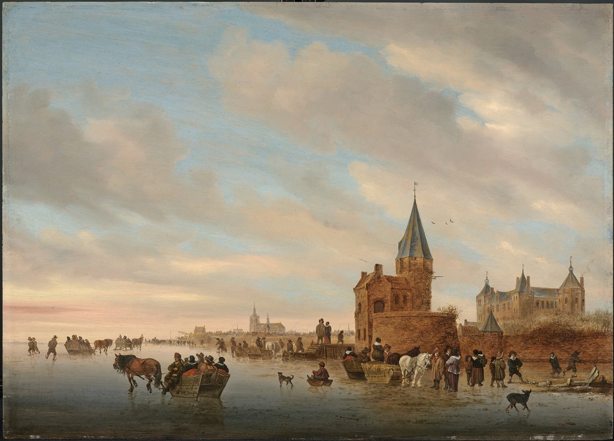 Talvimaisema jäänautinnoilla Arnheimin kaupungin capriccion edessä, 1652 tekijältä Salomon van Ruisdael or Ruysdael