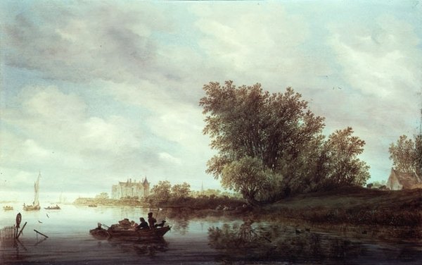 Metsäinen jokimaisema linnalla (öljy paneelissa) tekijältä Salomon van Ruisdael or Ruysdael