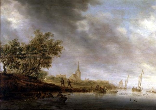 Metsäinen jokimaisema proomuilla tekijältä Salomon van Ruisdael or Ruysdael